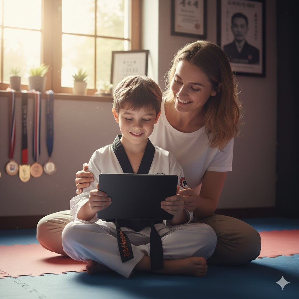 Dziecko z dumą używające aplikacji, rodzic patrzący z aprobatą